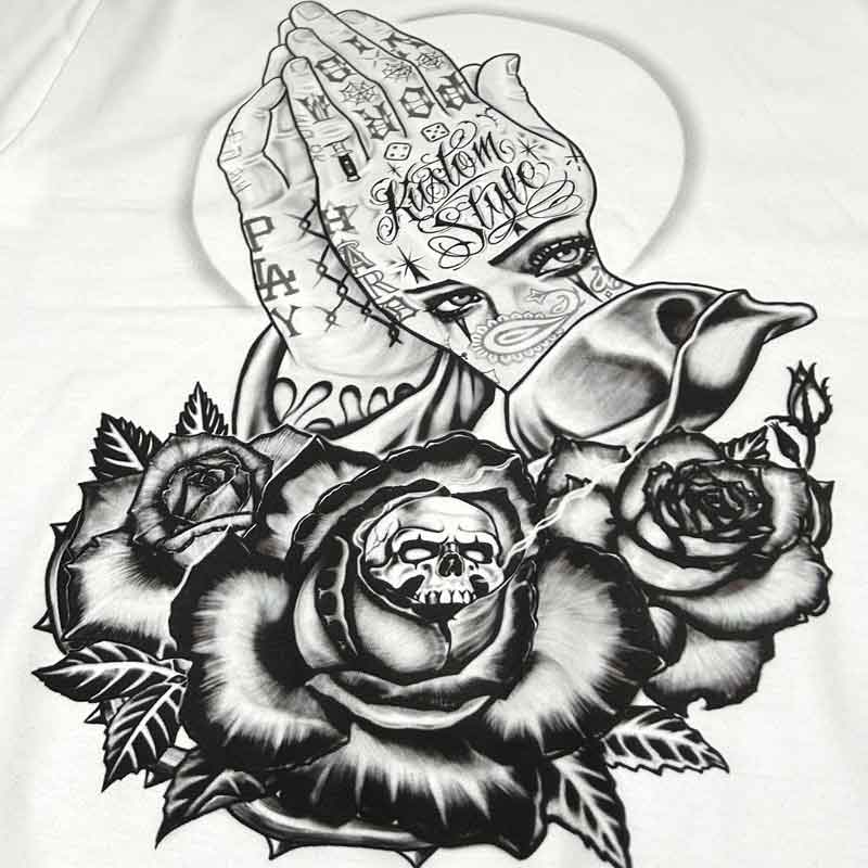 KUSTOMSTYLE KST2606BK -SKULL ROSE PRAYING HANDS- TSHIRTS