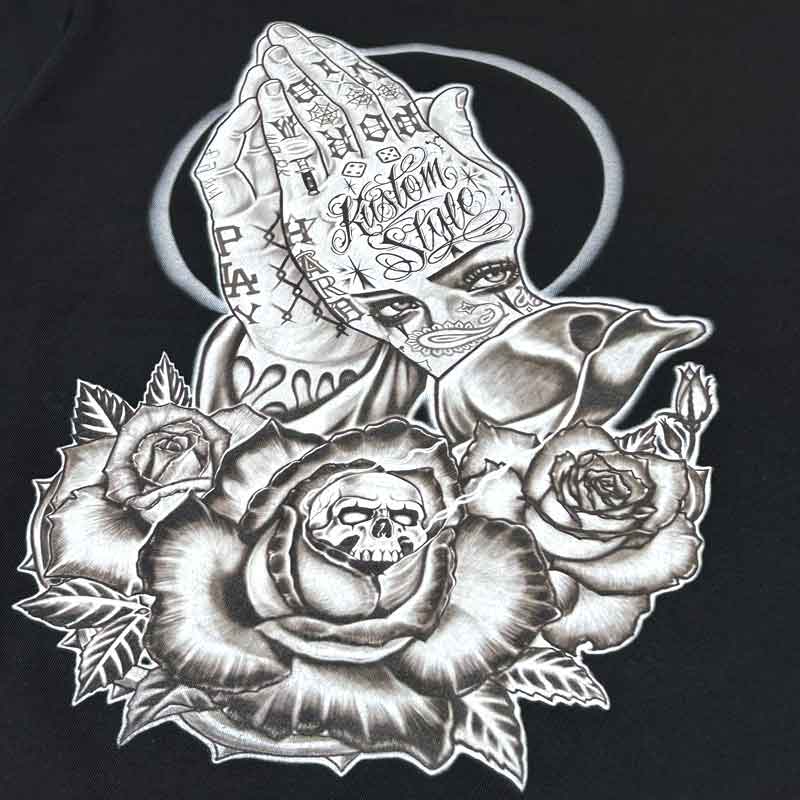 KUSTOMSTYLE KST2606BK -SKULL ROSE PRAYING HANDS- TSHIRTS