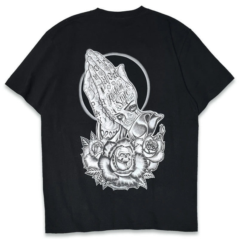KUSTOMSTYLE KST2606BK -SKULL ROSE PRAYING HANDS- TSHIRTS