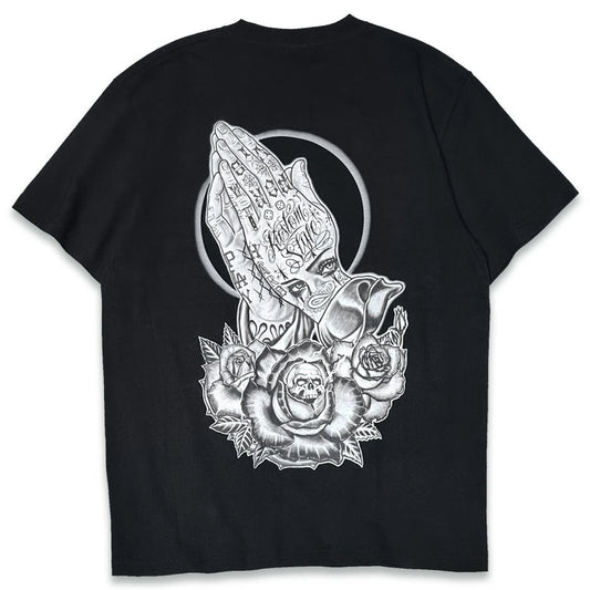 KUSTOMSTYLE KST2606BK -SKULL ROSE PRAYING HANDS- TSHIRTS
