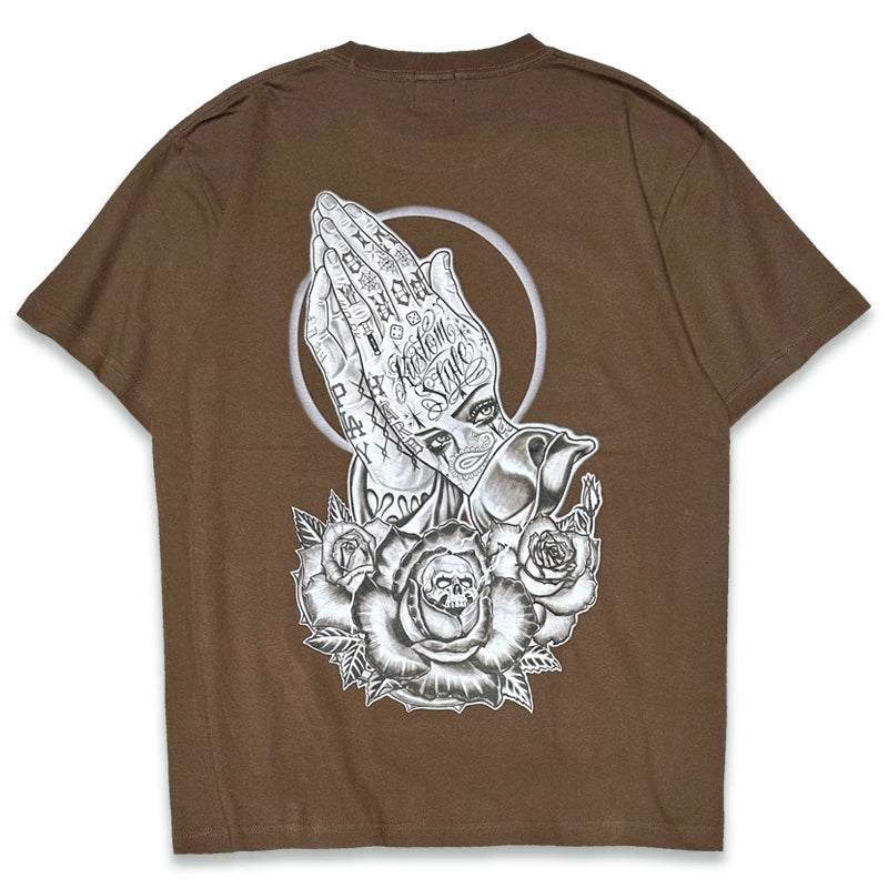 KUSTOMSTYLE KST2606BK -SKULL ROSE PRAYING HANDS- TSHIRTS