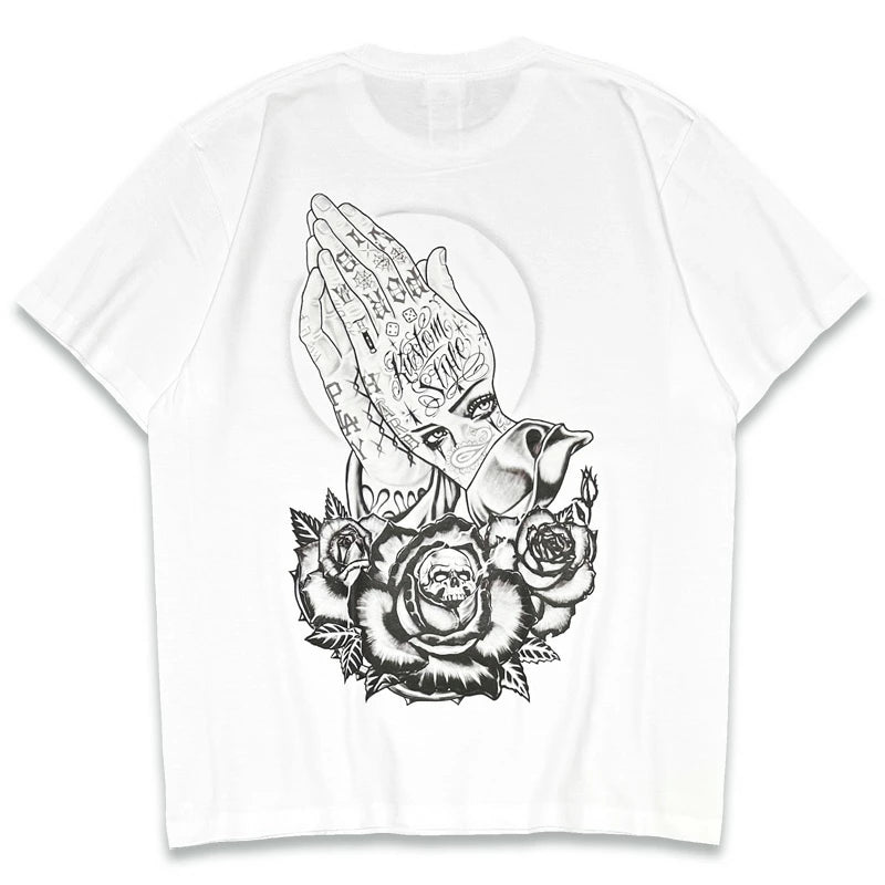 KUSTOMSTYLE KST2606BK -SKULL ROSE PRAYING HANDS- TSHIRTS